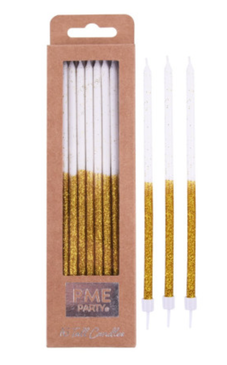 VELAS CUMPLEAÑOS DORADOS CON BLANCO 12 PZ