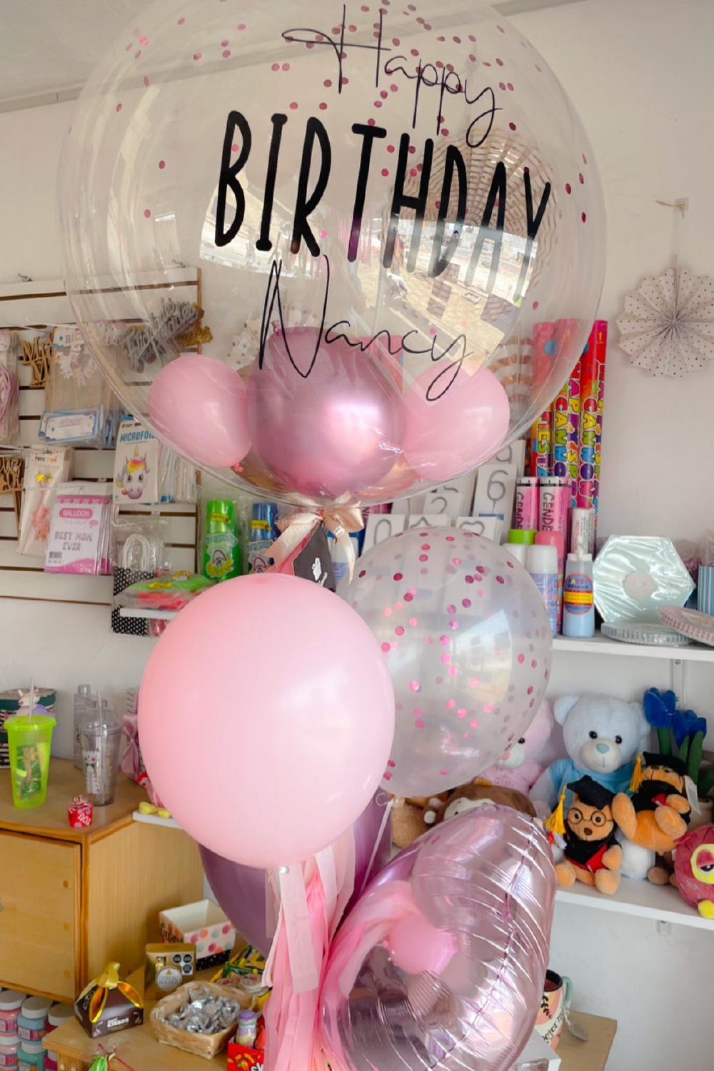BURBUJA DE 36" + 3 GLOBOS LATEX + GLOBOS METALICOS